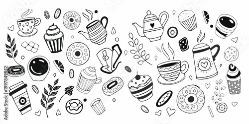 Hand Drawn Coffee Tea and Pastry Illustration with White Background