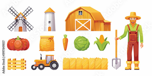 Farm elements collection barn windmill vegetables and farmer character