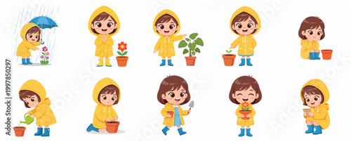 Little Girl Gardening Character Set in Yellow Raincoat and Boots, Planting Flowers in the Rain Illustration
