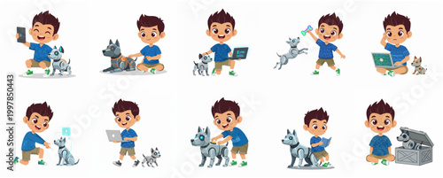 Cute Cartoon Boy Interacting with Robot Dog Pet Vector Character Set for Technology and AI Concepts