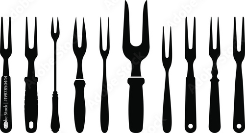 Cuadro en lienzo Collection of various two prong fork silhouettes including carving forks meat forks and fondue tools isolated on white background for kitchen utensil design