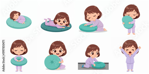 Cute Little Girl Character in Purple Pajamas with Pillow Set Illustrating Emotions and Bedtime Routine Activities