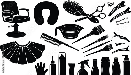 Cuadro en lienzo Professional hair salon equipment and barber shop tool silhouettes including chair scissors brushes and styling products isolated on white background for beauty design