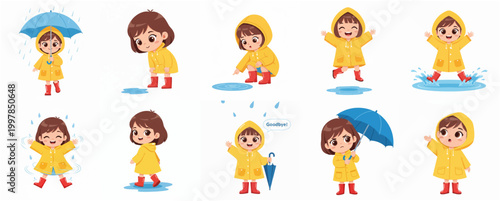 Set of cute little girl character in yellow raincoat and red boots playing in the rain with different poses and expressions