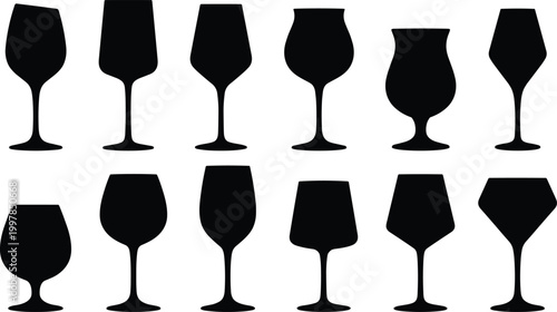 Collection of various wine glass silhouettes including red white and sparkling stemware shapes isolated on white background for bar menu and restaurant design.