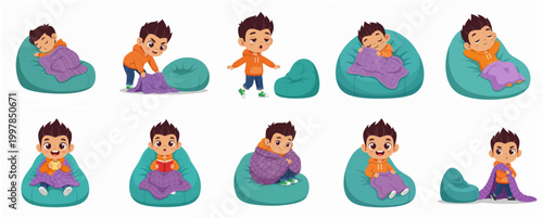 Cartoon boy character set with bean bag and blanket showing various daily activities and emotions
