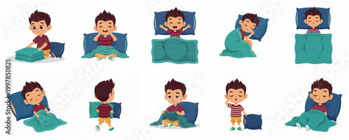 Cartoon little boy sleep routine character set with various poses like waking up, yawning, sleeping under blanket, and holding pillow isolated on white background.