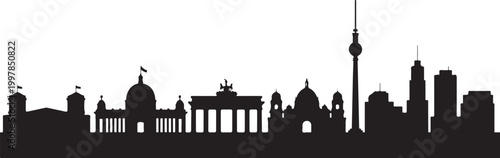 Berlin city skyline silhouette featuring famous landmark buildings and television tower in black vector graphic art illustration.
