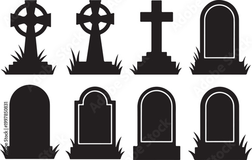 Cemetery tombstones collection with various grave markers celtic crosses and headstones with grass silhouettes on transparent base.