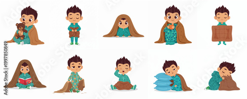Cute Little Boy Character in Pajamas Set with Blankets and Pillows for Bedtime Routine Vector Illustration