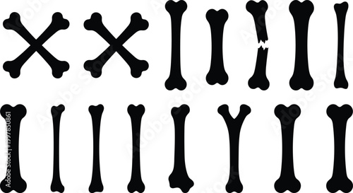 Large collection of black bone silhouette vector icons featuring various animal bone shapes, crossbones, and broken bone fragments isolated on a clean white background.