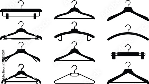 Foto Large collection of black clothes hanger silhouette vector icons featuring various styles like wooden, plastic, metal, pant clips, and coat hangers on white background