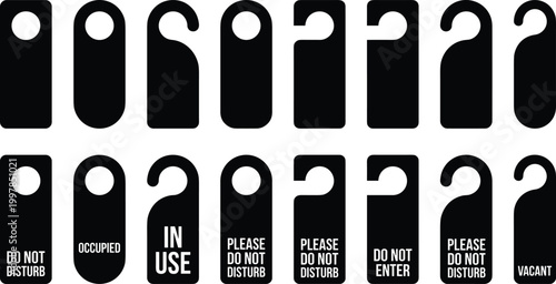 Comprehensive collection of black silhouette vector icons featuring various door hanger shapes including do not disturb, occupied, in use, and vacant signs on white background.