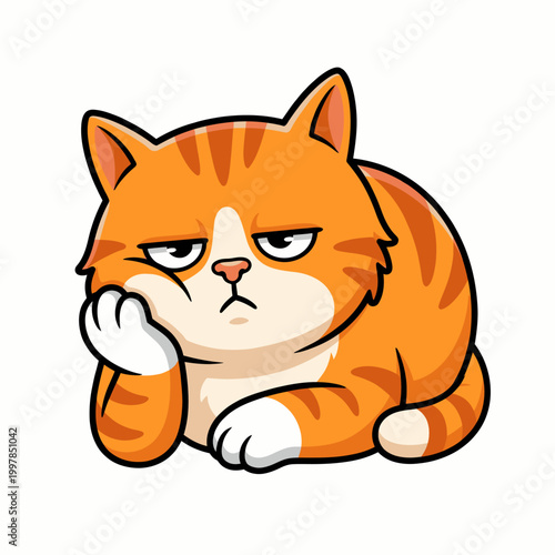 Adorable cartoon orange cat sticker with a grumpy and bored expression, resting its head on a paw, conveying disinterest or mild annoyance in a playful way