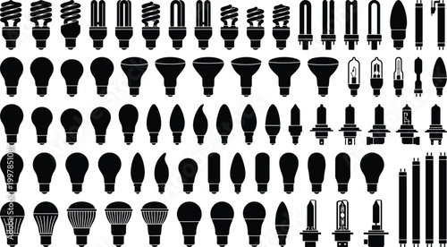 Large collection of light bulb black silhouette vector icons featuring various types like LED, CFL spiral, halogen, incandescent, and fluorescent tubes on white background.