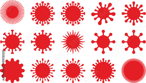 Red virus silhouette vector collection featuring various coronavirus bacteria and microbe shapes for medical research pandemic awareness healthcare and biology science design.