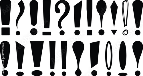 Black exclamation mark and question mark silhouette vector collection featuring various punctuation styles for warning alerts important notifications schoolgrammar and creative graphic design projects