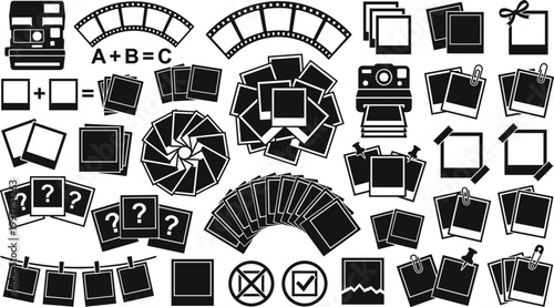 Black instant photo frame silhouette vector collection featuring polaroid style film strips cameras and various photographic layouts for creative photography and scrapbooking design.