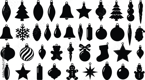Quadro em tela Christmas ornament silhouette vector collection featuring various bauble shapes snowflakes bells stars and festive holiday decorations for winter celebration and seasonal graphic design