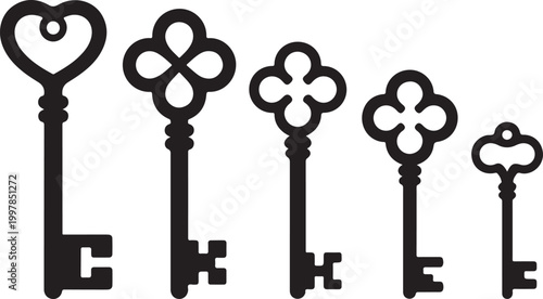Skeleton key silhouette collection showing five vintage metal antique styles with decorative heart and flower handle head shapes.