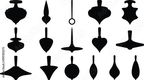 Black spinning top silhouette vector collection featuring various wooden toy shapes and classic whirligig designs for childhood games nostalgic play and nursery decor.