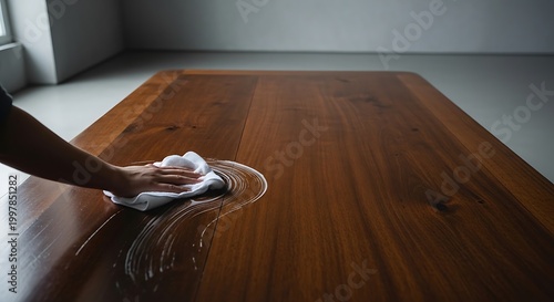 Person polishing a dark wooden table with white cloth and wax