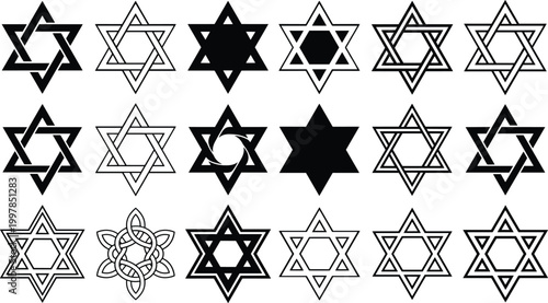 Star of David vector silhouette collection featuring various Jewish hexagram shapes and religious symbols for Israel heritage Judaism culture and spiritual graphic design.