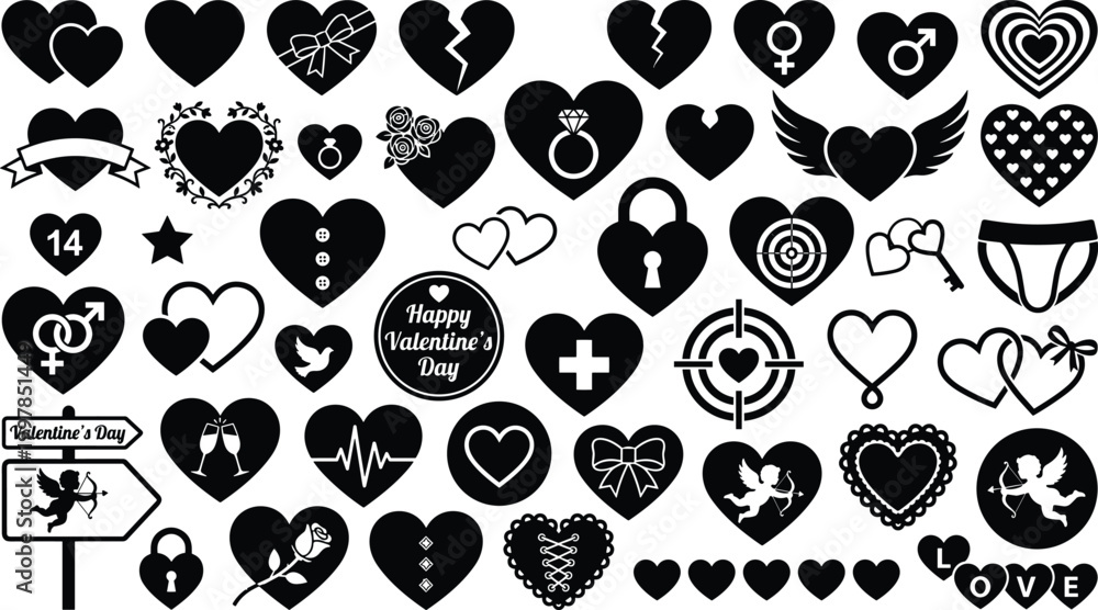 Fototapeta premium Large collection of black Valentine's Day heart silhouettes and love icons isolated on white background, featuring broken hearts, Cupid, rings, and romantic symbols for design.