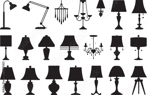 Collection of various black silhouette lamps and chandeliers featuring different styles and forms on transparent checkered background.