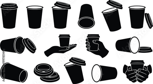 Large collection of black coffee cup silhouettes isolated on white background, various paper tea cups with lids, hands holding coffee, for cafe and restaurant design.