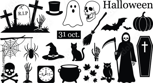 Large set of black Halloween silhouettes and spooky icons isolated on white background, featuring reaper, ghost, pumpkin, witch hat and graveyard elements for festive designs.