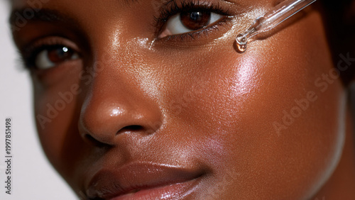  luxurious skincare campaign photoshoot featuring a close-up of a premium female model with radiant, very black dewy skin. She is holding a glass pipette from a skincare serum bottle above her cheekbo
