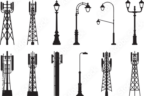 Communication towers and street lamps in silhouette on transparent background vector.