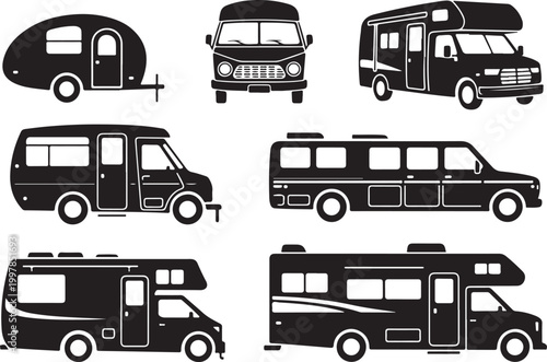 Collection of camper van and motorhome silhouettes showing various recreational vehicles for camping trip isolated background.