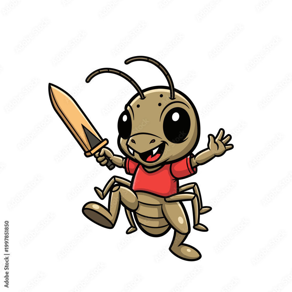 Obraz premium Chibi cricket mascot character wearing a red shirt and holding a wooden sword, cartoon insect warrior waving with a happy expression and big eyes, isolated on white background.