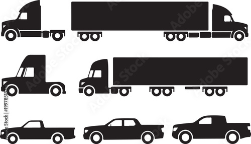 Industrial semi truck silhouettes and pickup vehicle icons including heavy trailers for long haul logistics and transportation.