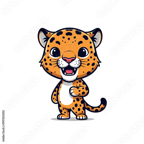 Cute chibi leopard mascot illustration with orange spotted fur and large black eyes. This cartoon jaguar character features a smiling expression, open mouth, and long spotted tail.