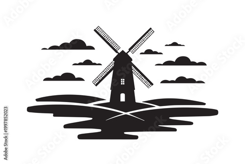 Minimalist black silhouette design of classic dutch windmill standing in rolling field under dramatic cloudy sky for rustic agriculture.