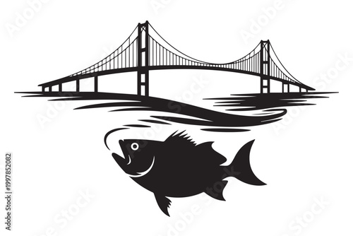 Silhouette of fish jumping out of water with bridge in background during sunset for fishing enthusiast or recreational outdoor activity.