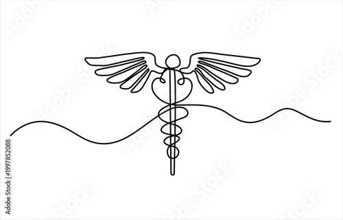 Continuous line art illustration of caduceus symbol with serpents and wings representing healthcare medicine healing and minimalist design