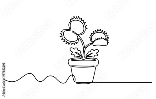 Continuous line art illustration of potted Venus flytrap symbolizing nature uniqueness adaptability and minimalist design