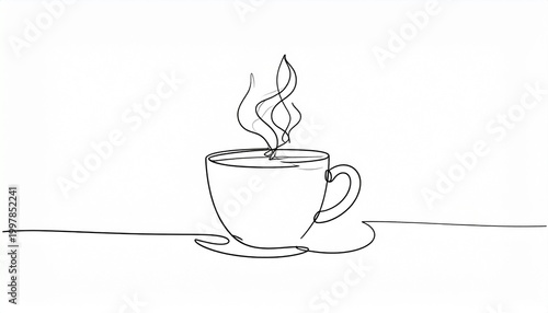 Single line drawing of a steaming cup of hot coffee, perfect for cafe, beverage, and break time concepts