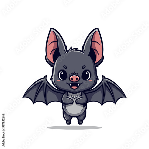 Cute Chibi Bat Mascot Character Illustration with Gray Fur Large Ears and Spread Wings Smiling with Small Fangs Isolated on a Plain White Background for Logo or Sticker Design