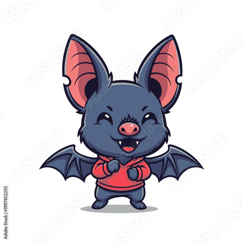Cute chibi bat mascot character with large ears and small fangs wearing a red hoodie, smiling with wings spread, isolated on a white background vector illustration style.