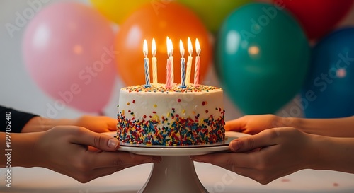 Two hands holding a birthday cake with lit candles and colorful sprinkles