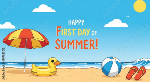 Happy first day of summer beach scene with rubber ducky and umbrella
