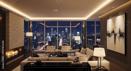 Luxurious modern living room with fireplace and city skyline view at night