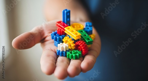Handful of colorful plastic toy gears and building block pieces
