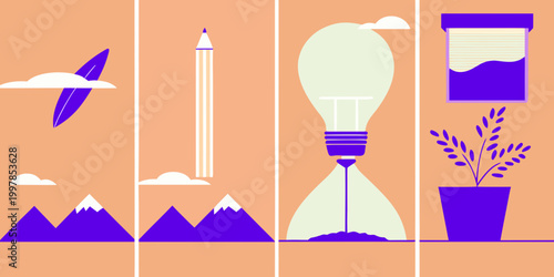 Five Vertical Panels With Illustrations Of Creativity And Ideas