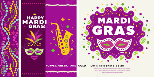 Mardi Gras posters set colorful festive designs with masks and instruments